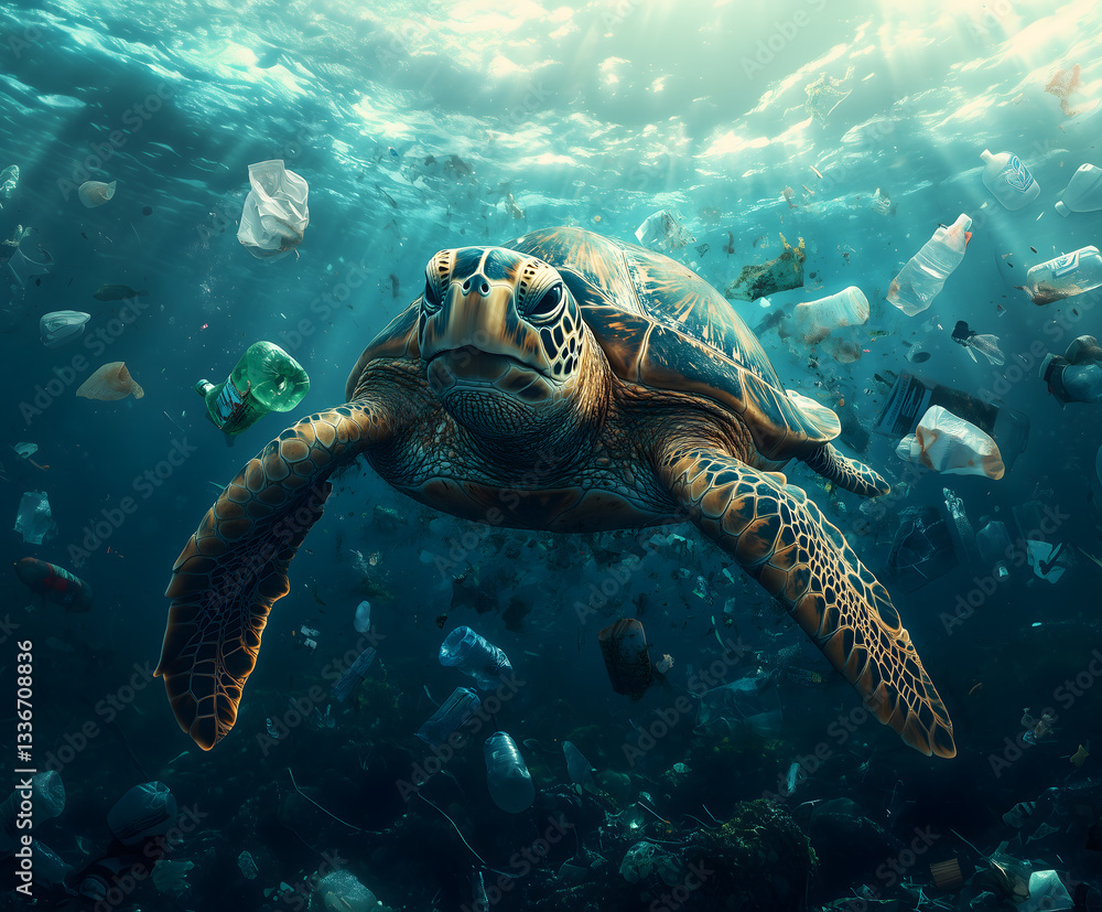 Fototapeta premium A turtle swims in polluted ocean waters with plastic debris, creating a striking and urgent scene, ideal for environmental designs.