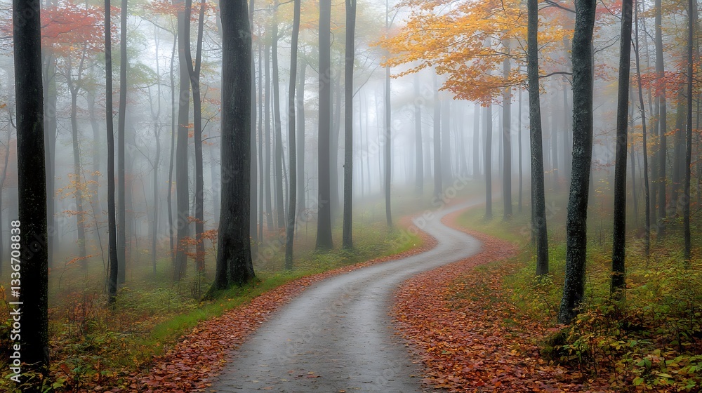 Obraz premium Mysterious forest trail veiled in mist, winding through towering trees and a carpet of fallen leaves.
