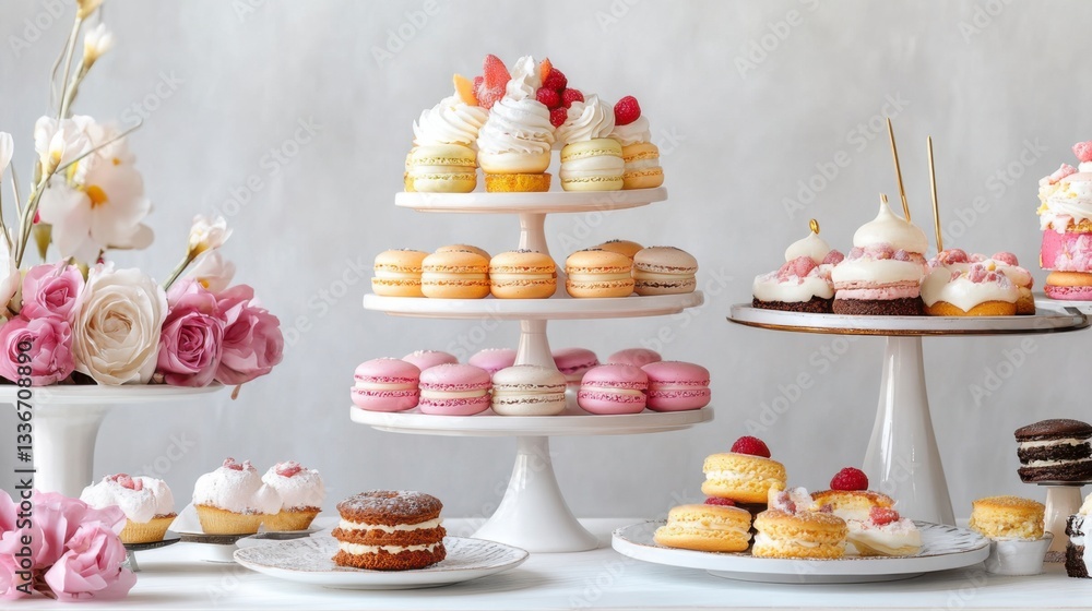 Fototapeta premium Colorful dessert display featuring delicate pastries and floral arrangements at a celebration event