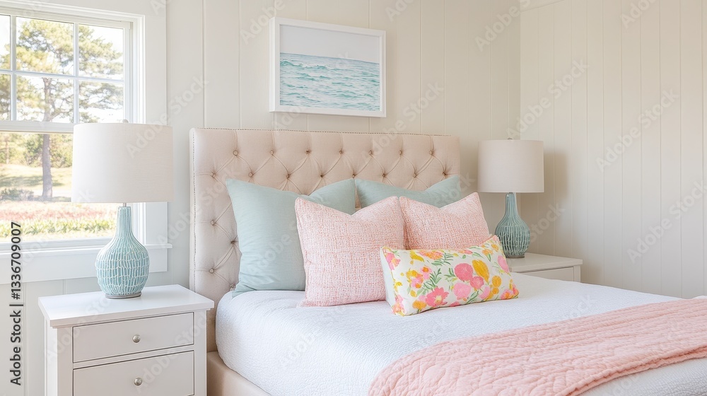 Obraz premium Modern neutral blue bedroom with elegant furniture and cozy atmosphere, featuring a stylish bed, soft lighting, and minimalist decor, creating a peaceful and relaxing space for rest and comfort.