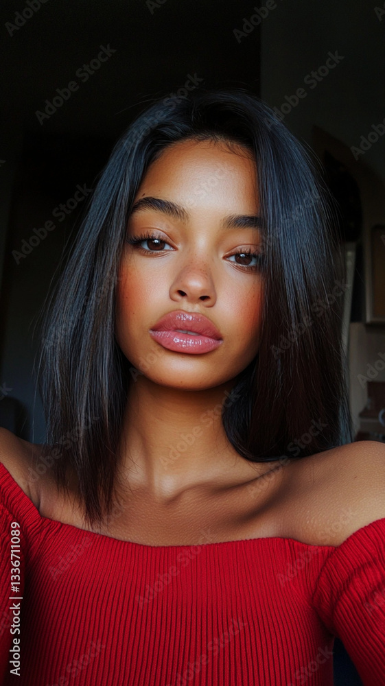 photo gorgeous of black woman, selfie taken wearing red shirt sitting in living room, hair down and straight