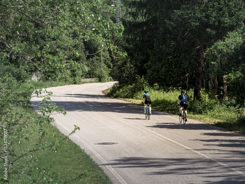 Photos Two cyclists ride along a winding road on the Alpe Adria cycling path in Italy, surrounded by lush greenery