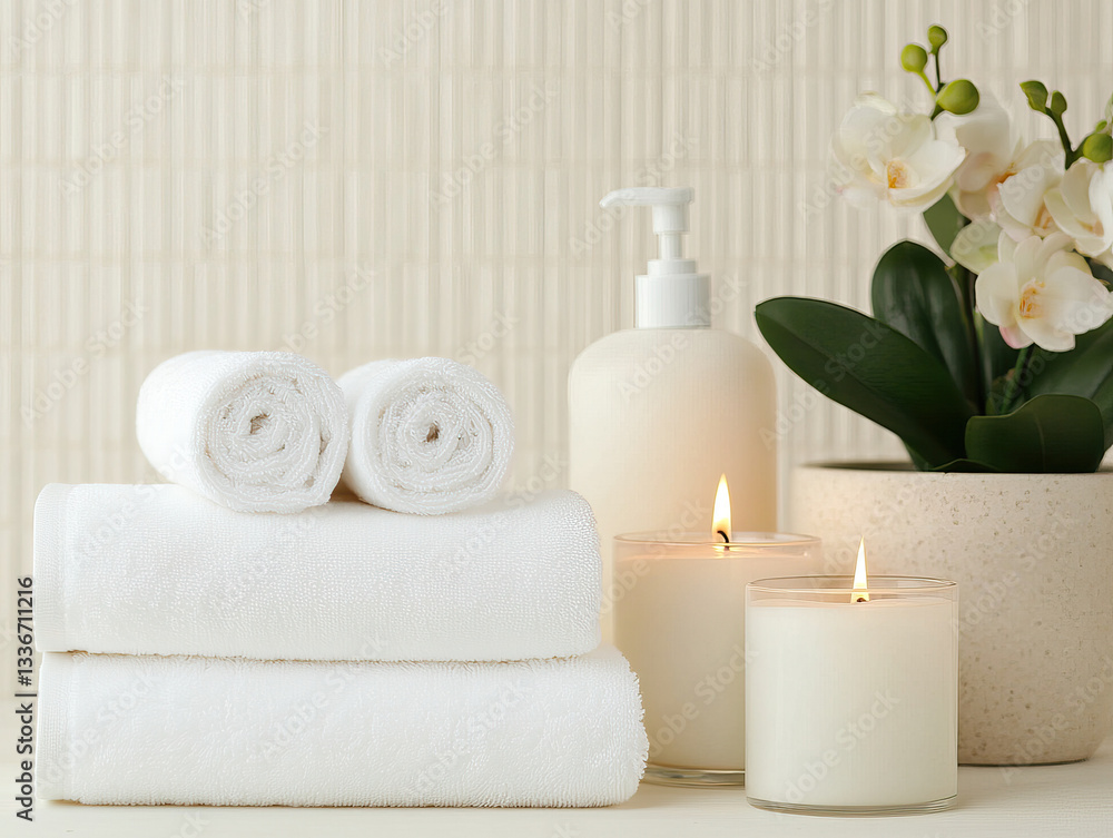 Neatly arranged white towels, candles, and plant create serene spa atmosphere, inviting relaxation and tranquility Neatly arranged white towels, candles, and plant create serene spa atmosphere, inviting relaxation and tranquility