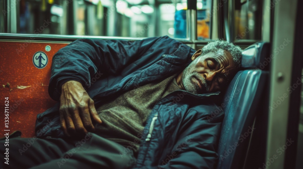 Obraz premium Elderly man resting peacefully on public transportation during early morning commute