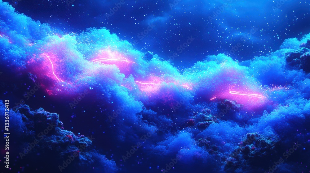 Fototapeta premium Abstract Cosmic Cloudscape with Pink and Blue Glowing Lightning