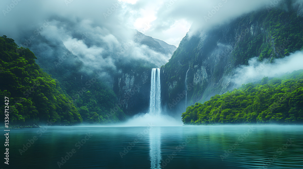 Fototapeta premium A magical photography of New Zealand’s Milford Sound, with dramatic waterfalls cascading down sheer cliffs into deep blue fjord waters, surrounded by lush greenery and misty clouds.