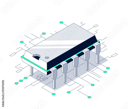 Minimalistic Isometric Microchip Illustration – DIP Electronic Component