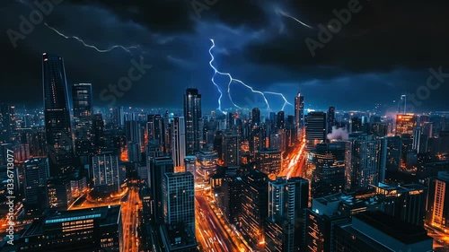 Wallpaper Mural Lightning strikes over modern cityscape at night illuminating skyscrapers and streets, storm in the city Torontodigital.ca