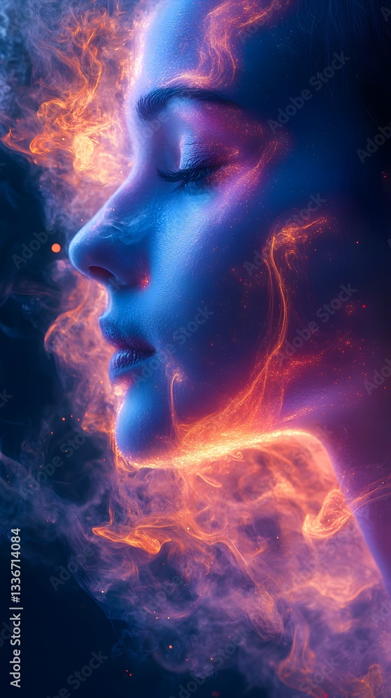 Glowing Aura Portrait: A serene woman with closed eyes, enveloped in a vibrant, glowing aura of ethereal energy. The artwork captures the essence of inner peace and spiritual awakening. Glowing Aura Portrait: A serene woman with closed eyes, enveloped in a vibrant, glowing aura of ethereal energy. The artwork captures the essence of inner peace and spiritual awakening.