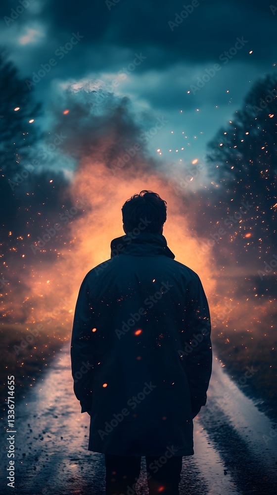 Solitary Path: A lone figure stands on a path, facing towards a mesmerizing expanse of fiery, ominous sky, filled with mystery and introspection. Solitary Path: A lone figure stands on a path, facing towards a mesmerizing expanse of fiery, ominous sky, filled with mystery and introspection.