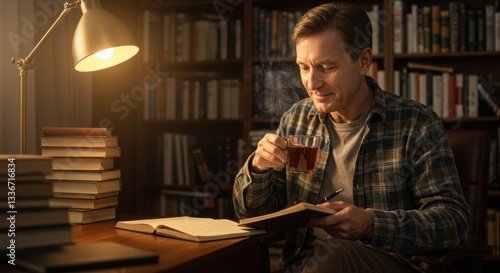 A person journaling with a cup of tea, reflecting in a peaceful moment.
