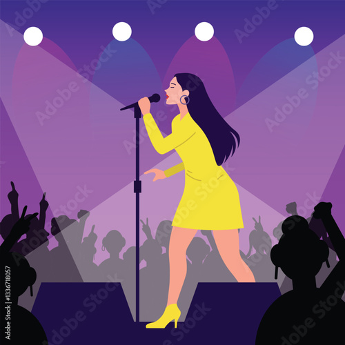 illustration of a female singer singing on stage. flat character design of female singer. female singing wearing yellow dress