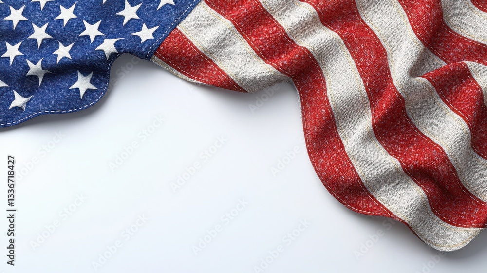 Fototapeta premium A hyper-realistic American flag in motion, gently waving against a crisp white background. The textured fabric reveals detailed stitching and folds, with vibrant red, white, and blue colors. 