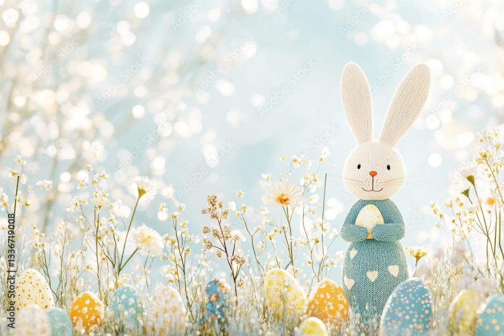 Fototapeta premium A cute Easter bunny surrounded by colorful eggs and spring flowers, with pastel colors, a detailed illustration