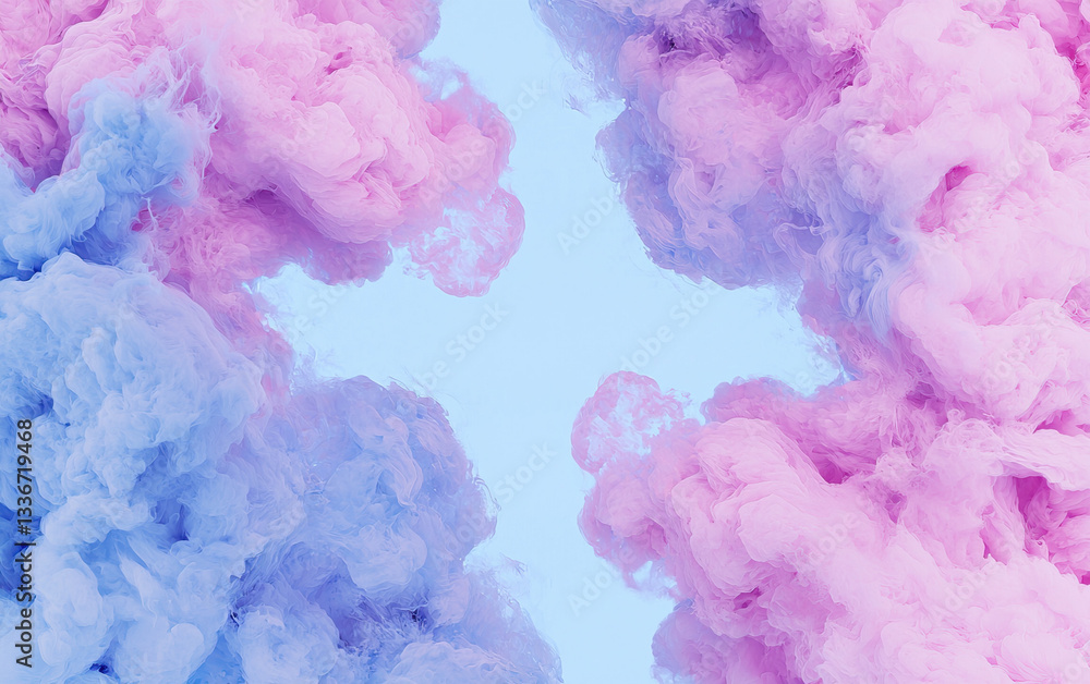 Fototapeta premium Colorful clouds of pink and blue smoke create dreamy atmosphere, evoking feelings of creativity and wonder