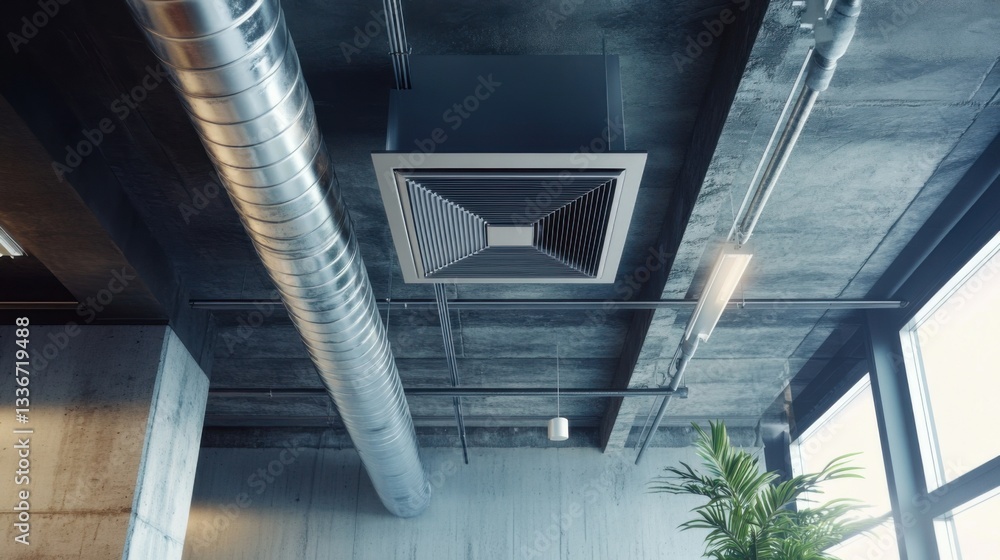 Naklejka premium Modern office interior with exposed ductwork and contemporary air vents in a spacious environment