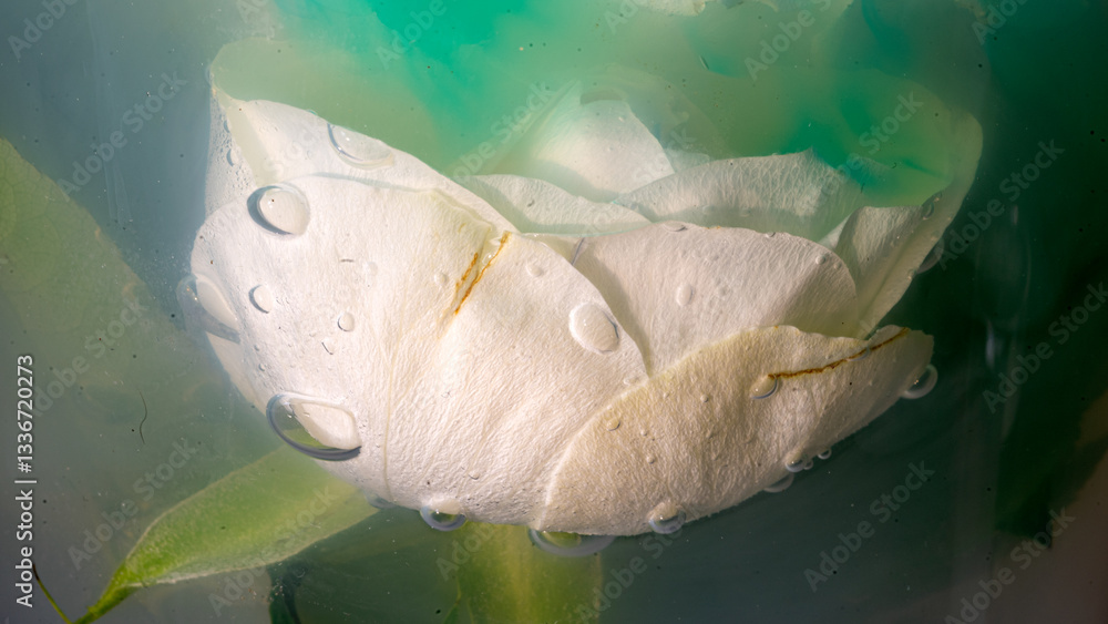 photo of a white rose dipped in water, colored water, abstraction, interesting texture, plants in water