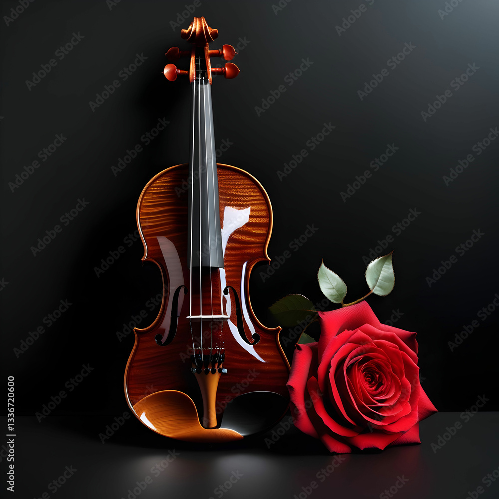 Fototapeta premium Violin and rose on black background