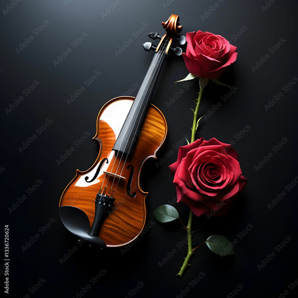 Fototapeta premium Violin and rose on black background