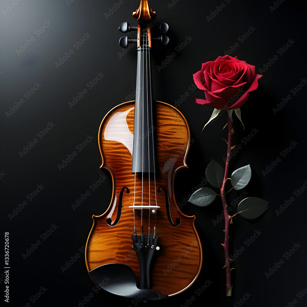 Fototapeta premium Violin and rose on black background