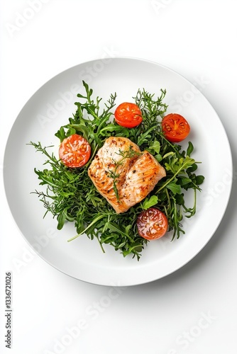 Wallpaper Mural Grilled salmon fillet with cherry tomatoes and fresh arugula on a white plate. Healthy gourmet meal and fine dining concept Torontodigital.ca