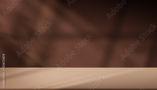 Background brown chocolate color.Studio background of shadow,light on 3d podium for product design,Autumn Abstract background texture of window light effect on wall and floor.Vector for Easter display