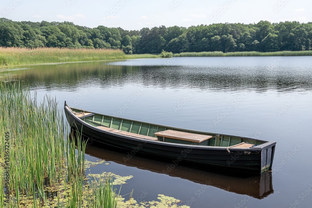 Serene lake scene with a small rowboat moored near reeds, reflecting tranquil waters and lush green forest backdrop Serene lake scene with a small rowboat moored near reeds, reflecting tranquil waters and lush green forest backdrop