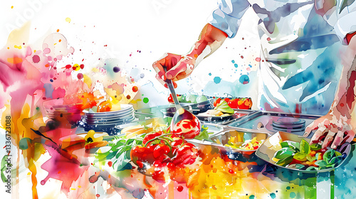 Fototapeta Naklejka Na Ścianę i Meble -  Participating in Cooking Classes or Food Tours holiday colorful watercolor