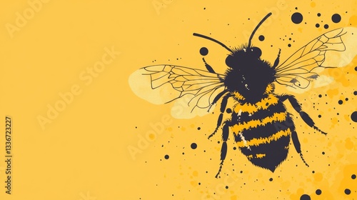A vibrant illustration of a bee against a bright yellow background with splashes of color, symbolizing nature’s beauty