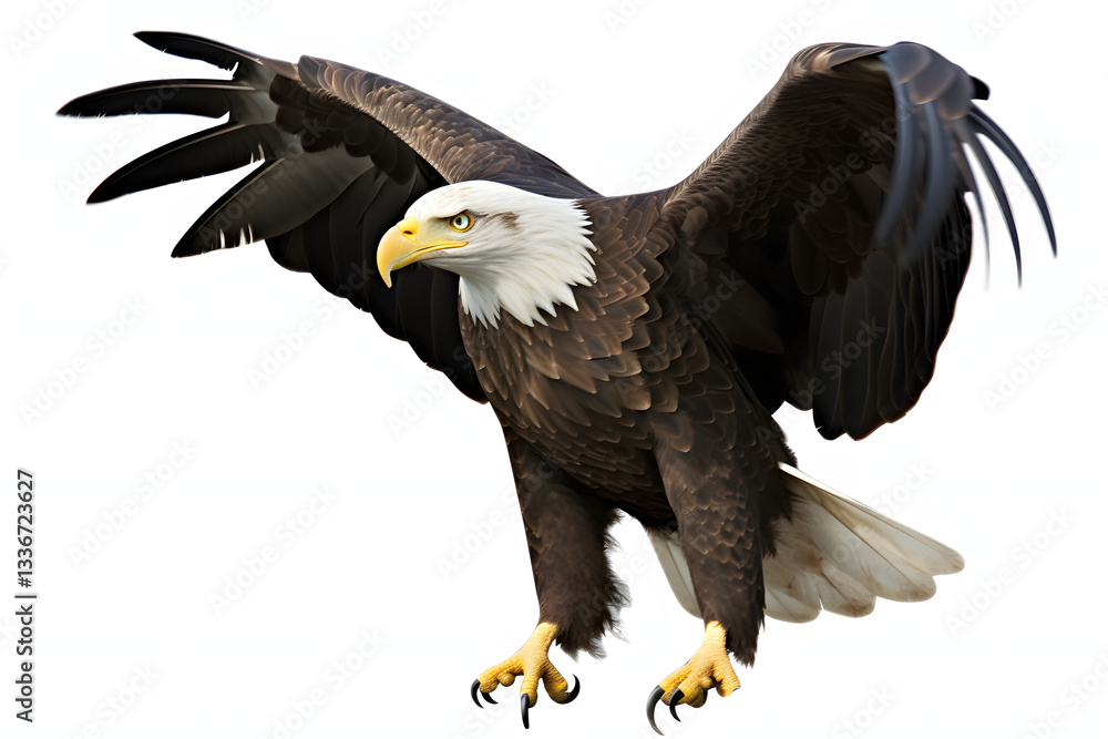 Obraz premium A majestic bald eagle soars through the air with its wings spread wide against a backdrop of snow-capped mountains. 