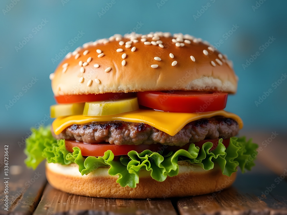 Classic Cheeseburger with Melted Cheese: Simple Burger on Wooden Table Classic Cheeseburger with Melted Cheese: Simple Burger on Wooden Table