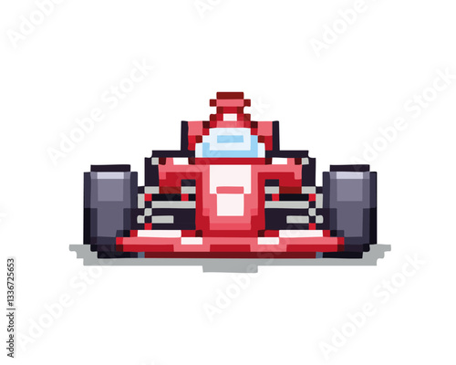 8-bit red racing car vector: colorful red pixel art car front view, retro car illustration front view for games, web and print