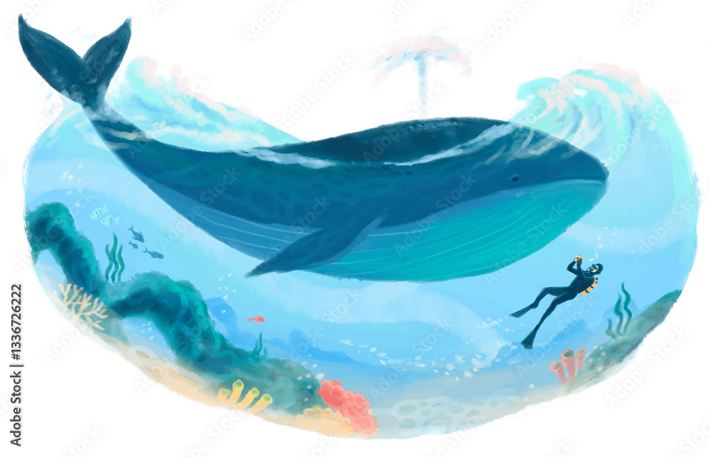 Fototapeta premium Diving Underwater with Whale