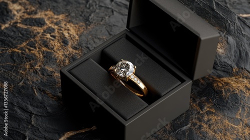 Elegant gold ring with diamond in a black display box on a textured stone surface, perfect for jewelry showcases