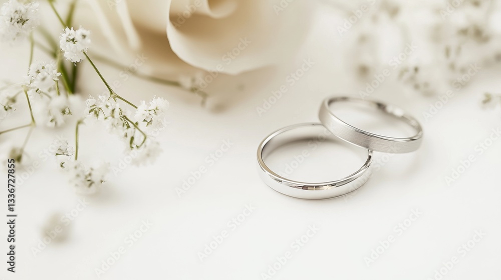 Elegant silver wedding bands with delicate white flowers in romantic setting Elegant silver wedding bands with delicate white flowers in romantic setting