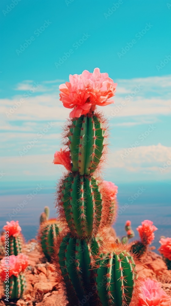 Naklejka premium Photography of minimal a cute cactus with japan landscape plant red inflorescence.