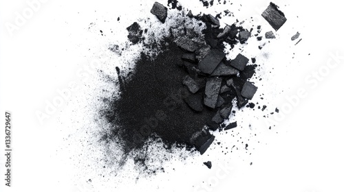 Black charcoal powder and pieces scattered on a white surface, showcasing texture and contrast for culinary use