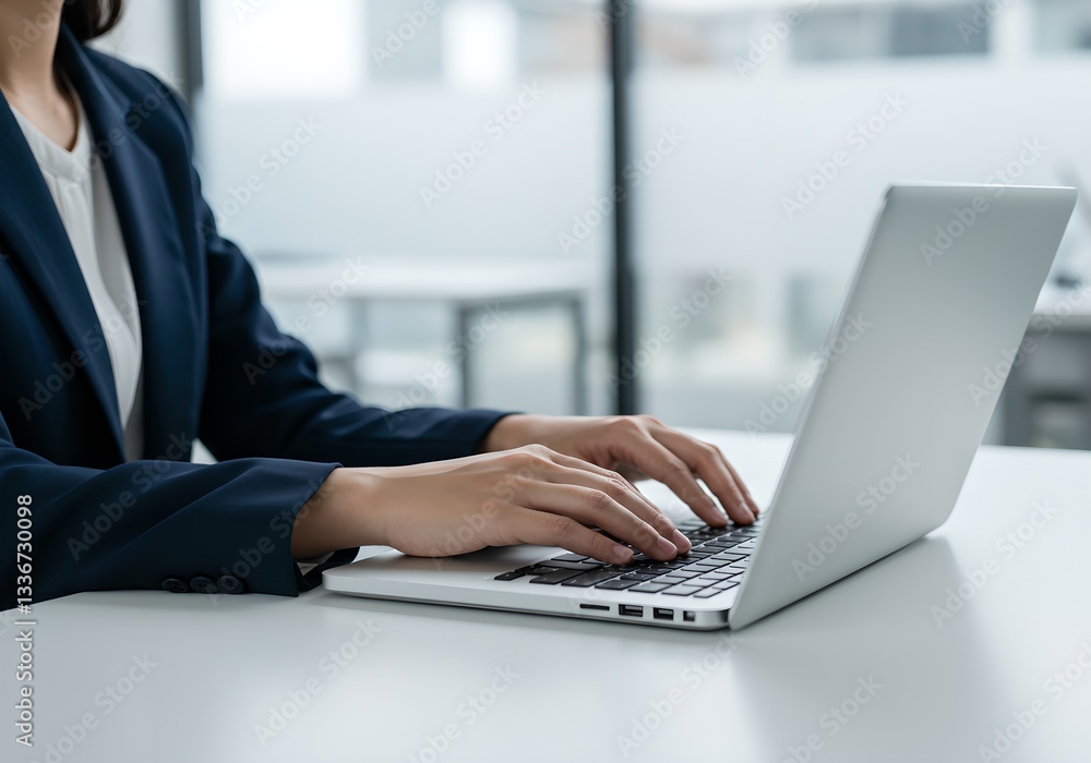 Woman working on laptop in office. Professional businesswoman typing on computer. Corporate employee at desk. Modern workplace, productivity, and technology concept. Woman working on laptop in office. Professional businesswoman typing on computer. Corporate employee at desk. Modern workplace, productivity, and technology concept.
