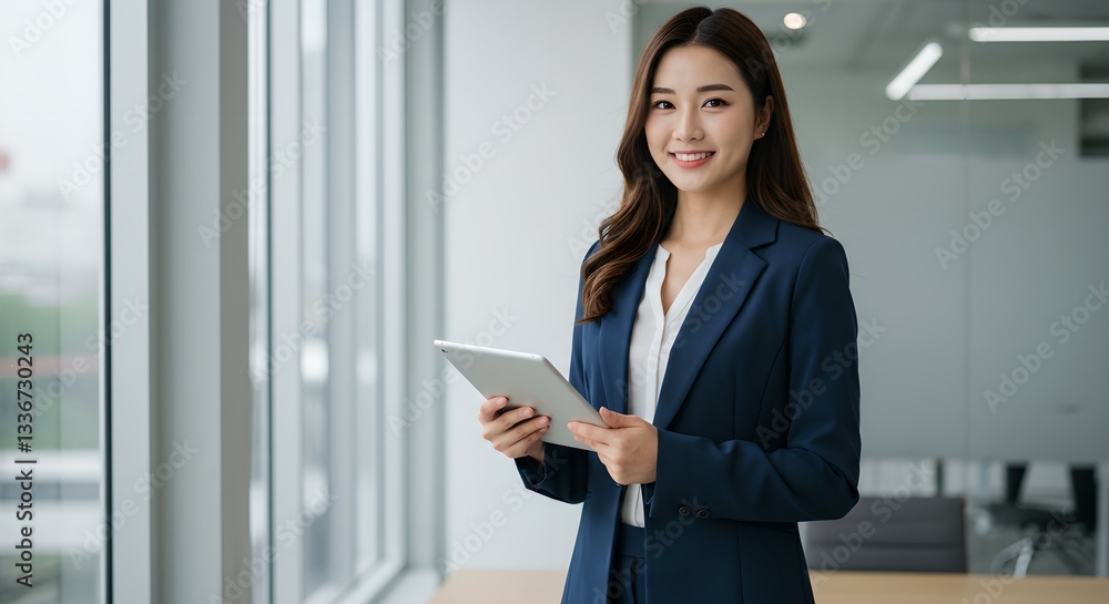 Asian businesswoman holding tablet in modern office. Corporate professional using digital device. Female executive in workplace, technology concept Asian businesswoman holding tablet in modern office. Corporate professional using digital device. Female executive in workplace, technology concept