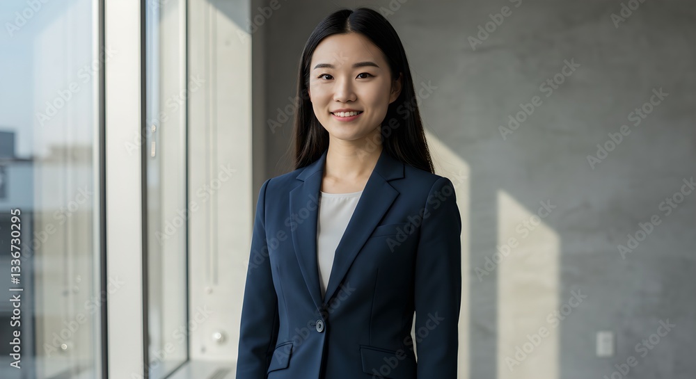 Asian businesswoman in blue suit standing by office window. Corporate portrait of female executive. Professional woman in modern workplace setting. Asian businesswoman in blue suit standing by office window. Corporate portrait of female executive. Professional woman in modern workplace setting.