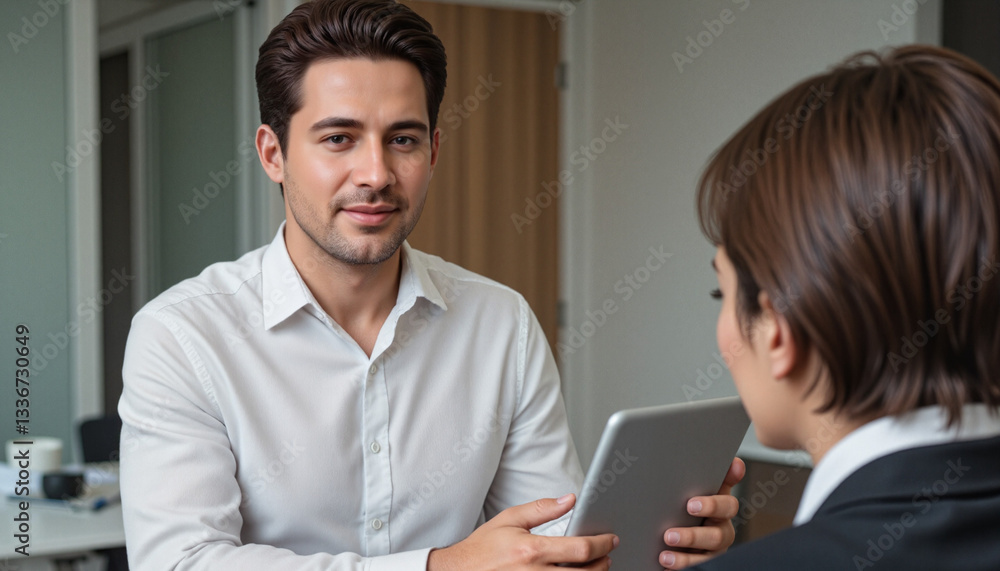 Confident job applicant presenting project on tablet in modern office setting Confident job applicant presenting project on tablet in modern office setting
