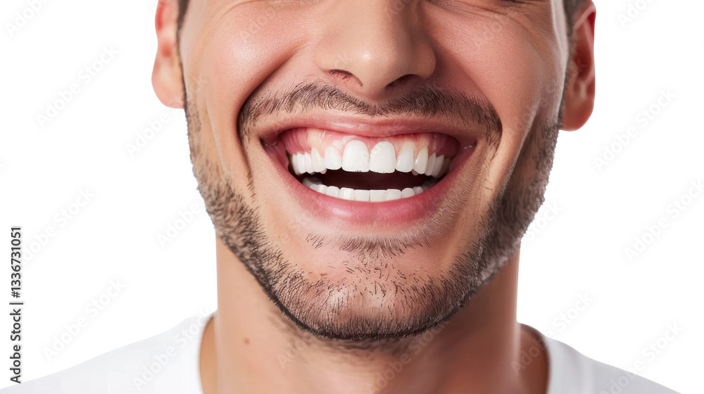 Fototapeta premium Close-up of man smiling showing perfect white teeth on transparent background