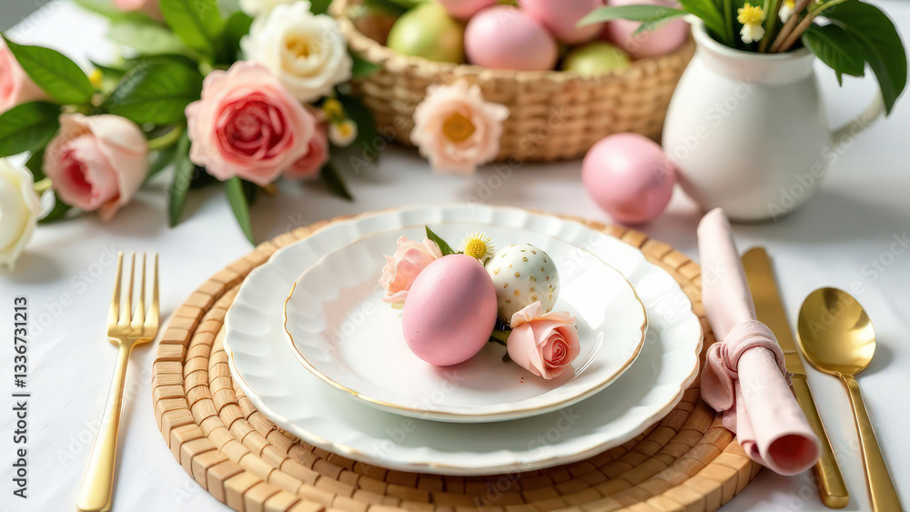 close-up of a table set for Easter celebration with a white tablecloth, plates, flowers, painted eggs close-up of a table set for Easter celebration with a white tablecloth, plates, flowers, painted eggs