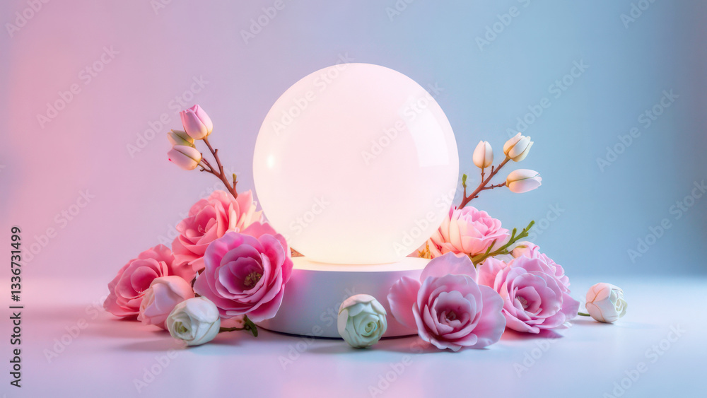 Glowing crystal ball surrounded by pink and white roses on a soft pastel background with romantic lighting Glowing crystal ball surrounded by pink and white roses on a soft pastel background with romantic lighting