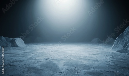 A barren, icy landscape under a bright light. The ground is rugged with rocky formations. Evokes a sense of isolation