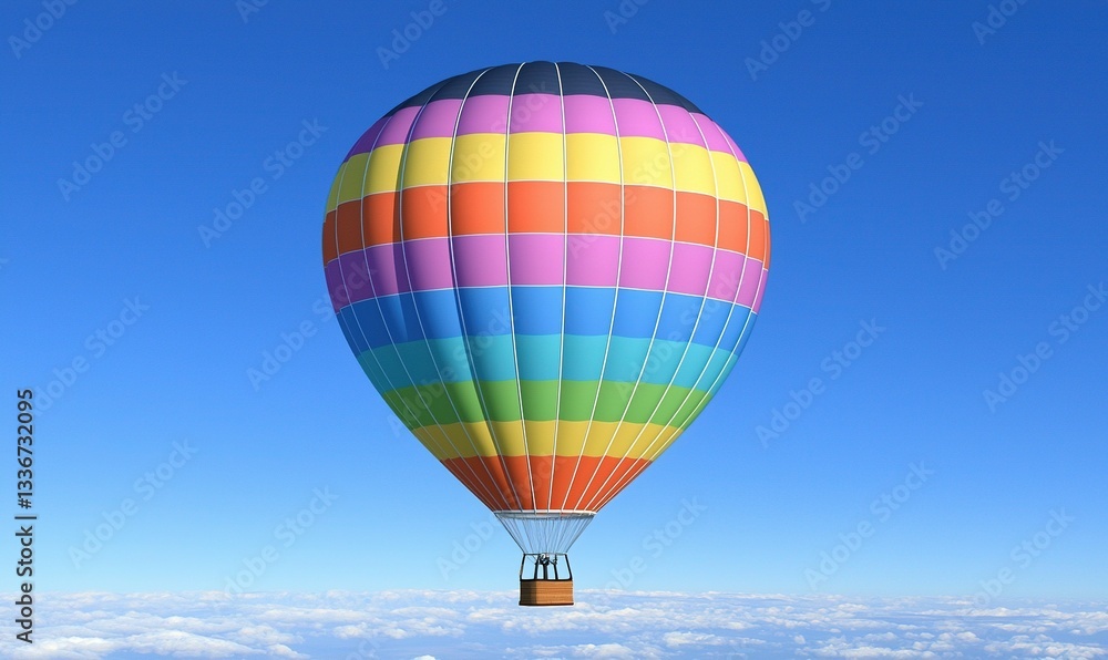 Fototapeta premium A bright, colorful hot air balloon floats peacefully in the sky, high above the white clouds below
