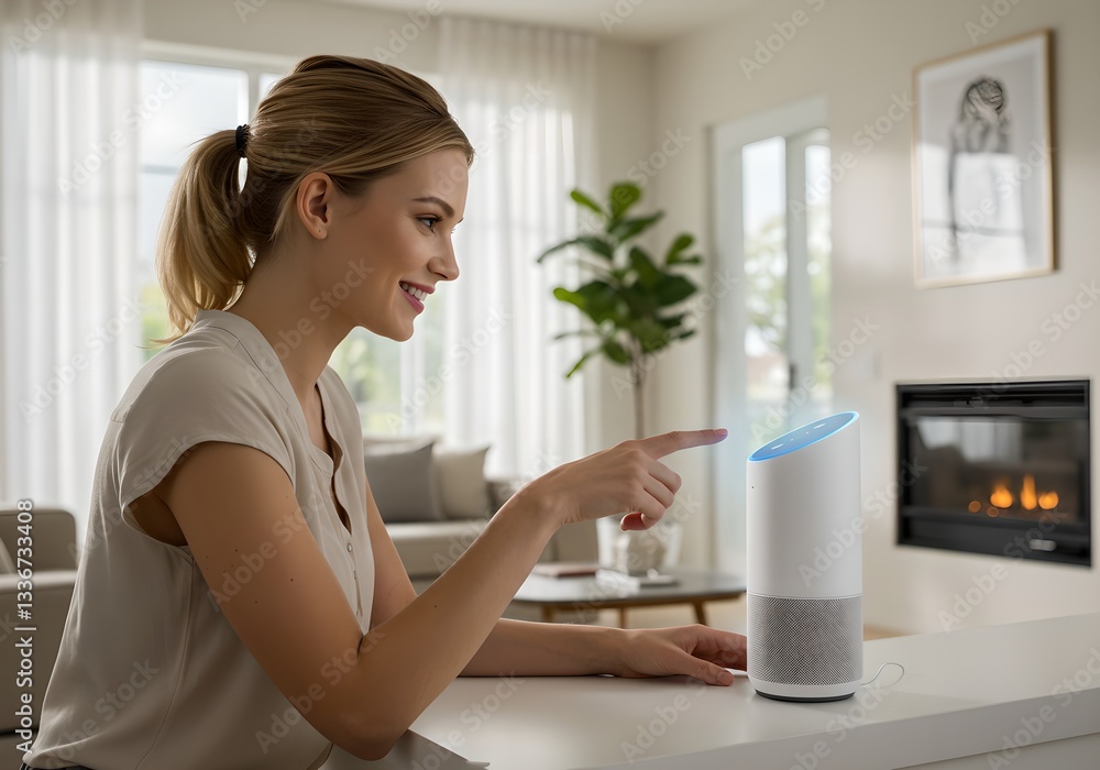 Caucasian woman using smart speaker at home. Digital voice assistant for modern living. Smart home technology in cozy interior with houseplant and fireplace. Caucasian woman using smart speaker at home. Digital voice assistant for modern living. Smart home technology in cozy interior with houseplant and fireplace.
