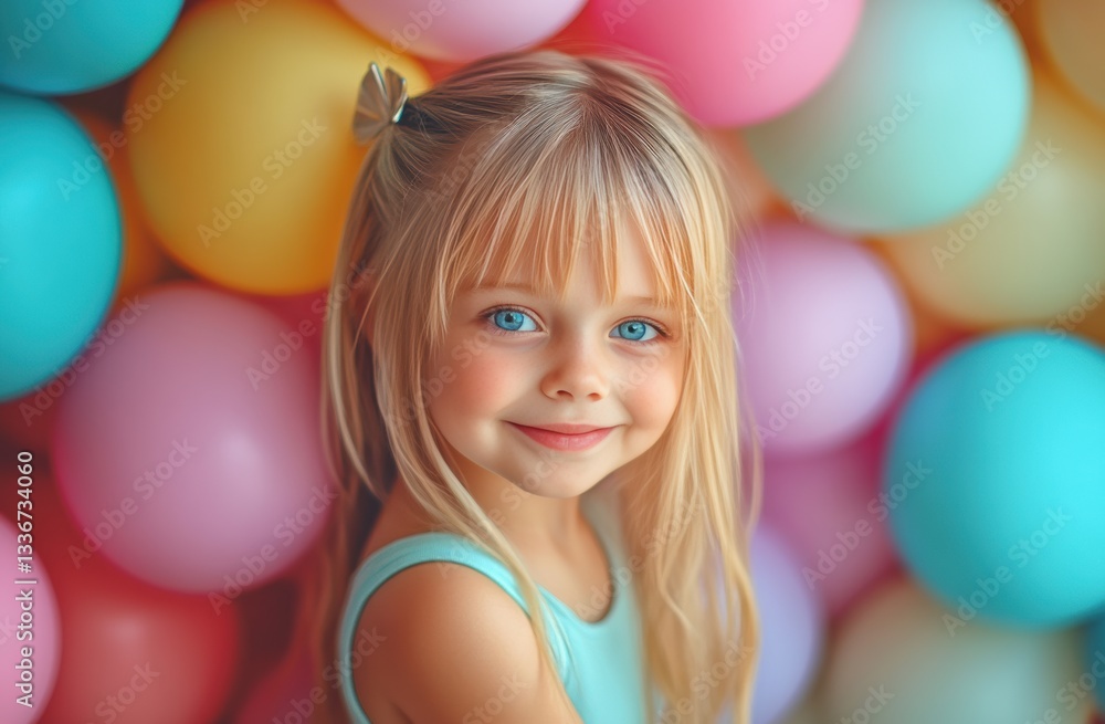 The little girl soft smile and blue eyes shine, set against pastel balloons for a joyful, charming portrait style. The little girl soft smile and blue eyes shine, set against pastel balloons for a joyful, charming portrait style.