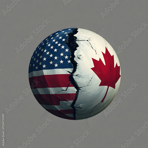 a cracked sphere with U.S. and Canadian flags, symbolizing strained diplomatic relations, trade tensions, or geopolitical disagreements between the two nations.