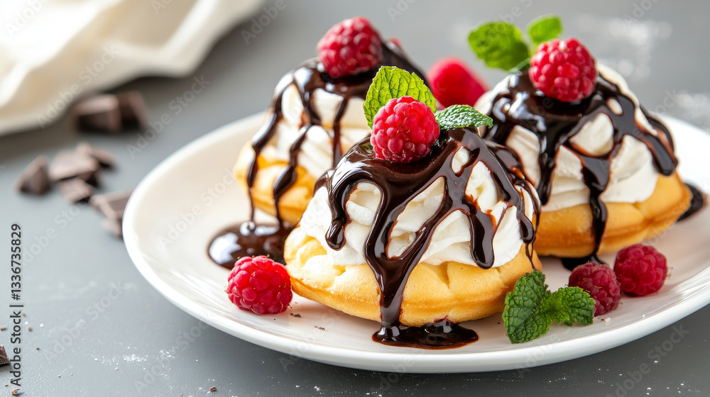 Profiteroles topped with whipped cream, drizzled with chocolate sauce, garnished with fresh raspberries and mint leaves on white plate. Profiteroles topped with whipped cream, drizzled with chocolate sauce, garnished with fresh raspberries and mint leaves on white plate.